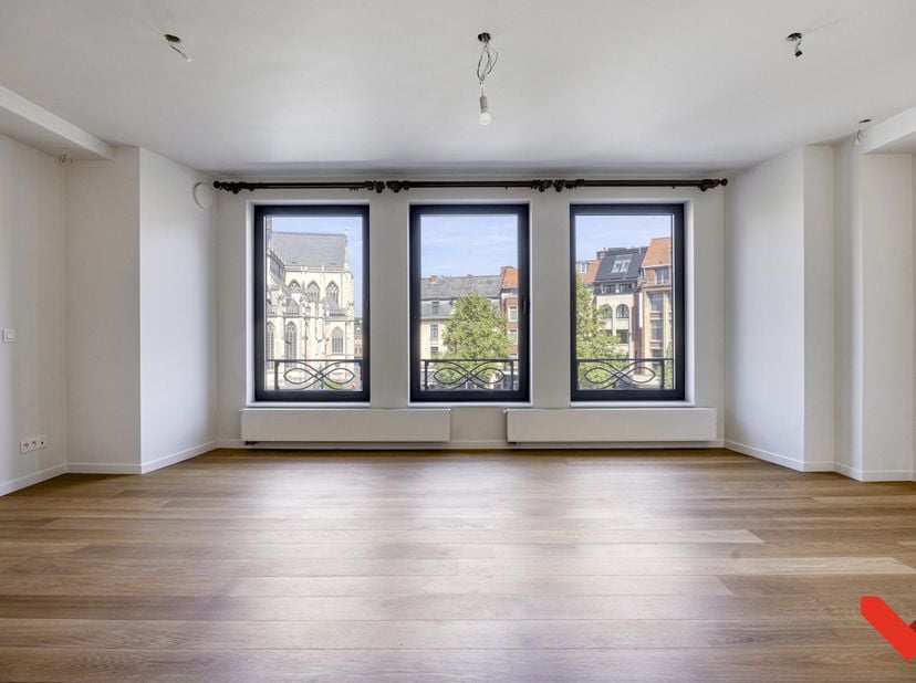 Au cur animé de Louvain, avec vue sur la dynamique place Rector De Somer et lemblématique église Saint-Pierre, se trouve cet appartement entièrement r