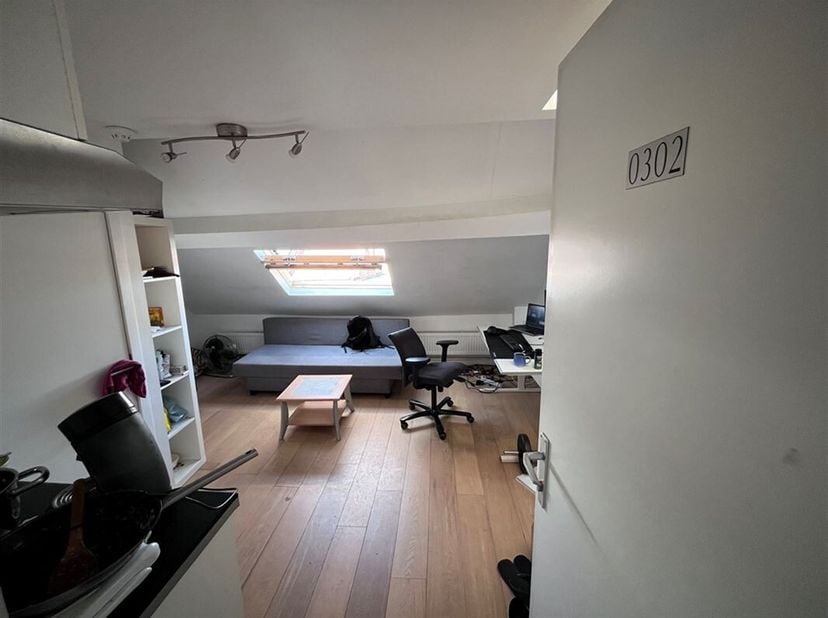 Deze mooie studentenkamer met mezzanine is gelegen op de 3de verdieping van de studentenresidentie Tiensesteenweg 20. Op het gelijkvloers is een gemee