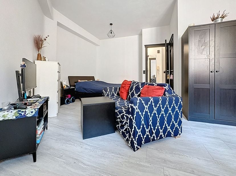 In de Carolystraat 38 te Elsene, op slechts 100 meter wandelen van het De Meeus- en Luxemburgplein, mooie gemeubelde studio van ± 38 m² te koop, op de