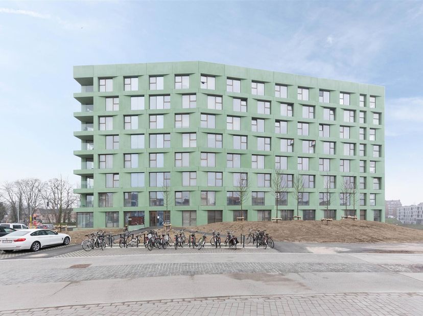 Fraaie studentenkamer met TERRAS en eigen sanitair in residentie WOODS te huur gelegen aan het gloednieuwe Leuvense stadspark Belle Vue. De kamers zij