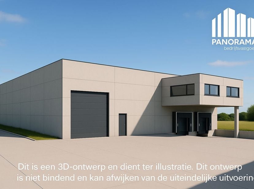 In aanbouw: een magazijn van 1.775 m² met een vrije hoogte van 8 meter, 2 laadkades en 3 sectionaal poorten, voorzien van een lichtstraat met rookluik