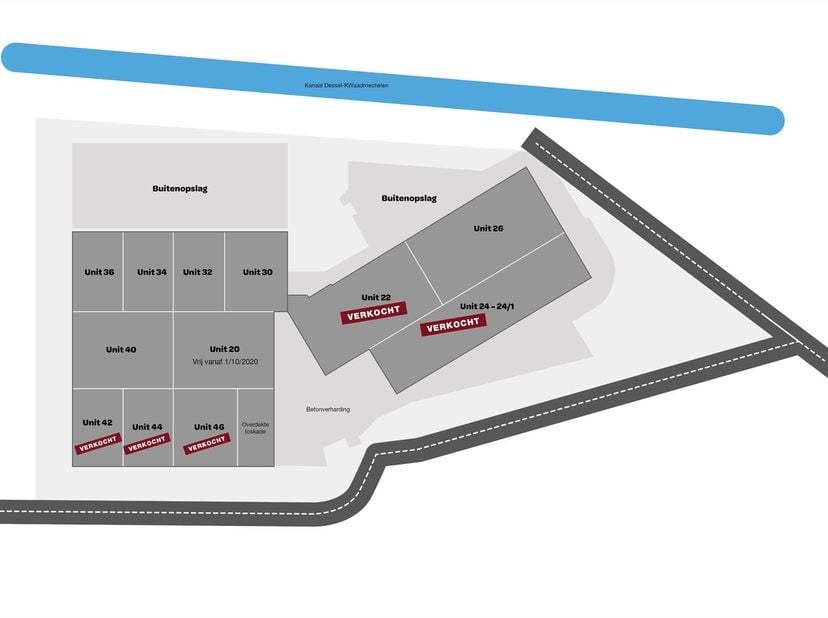 Recente KMO gebouwen + ruime parkings langs het Kanaal &#039;Dessel Kwaadmechelen&#039;&lt;br /&gt;
 - casco +&lt;br /&gt;
 - sectionaal poort&lt;br /&gt;
 - vrije hoogte 9m70&lt;br