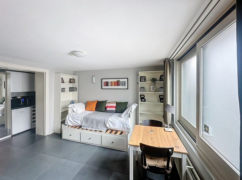 MONTGOMMERY : Studio entièrement meublé, situé à deux pas du parc du cinquantenaire. Il se compose comme suit: salon, salle à manger, wc, cuisine ouve