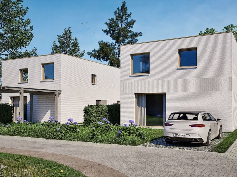 Deze ruime, halfopen nieuwbouwwoning bestaat op het gelijkvloers uit een inkomhal, een geïnstalleerde keuken met aansluitend de eetruimte, een ruime b