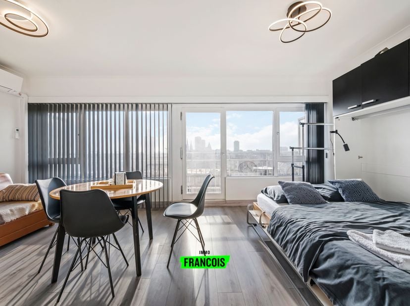 Deze studio bevindt zich op de negende verdieping van deze iconische residentie pal in het hart van Oostende. Het strand bevindt zich op nog geen 100m
