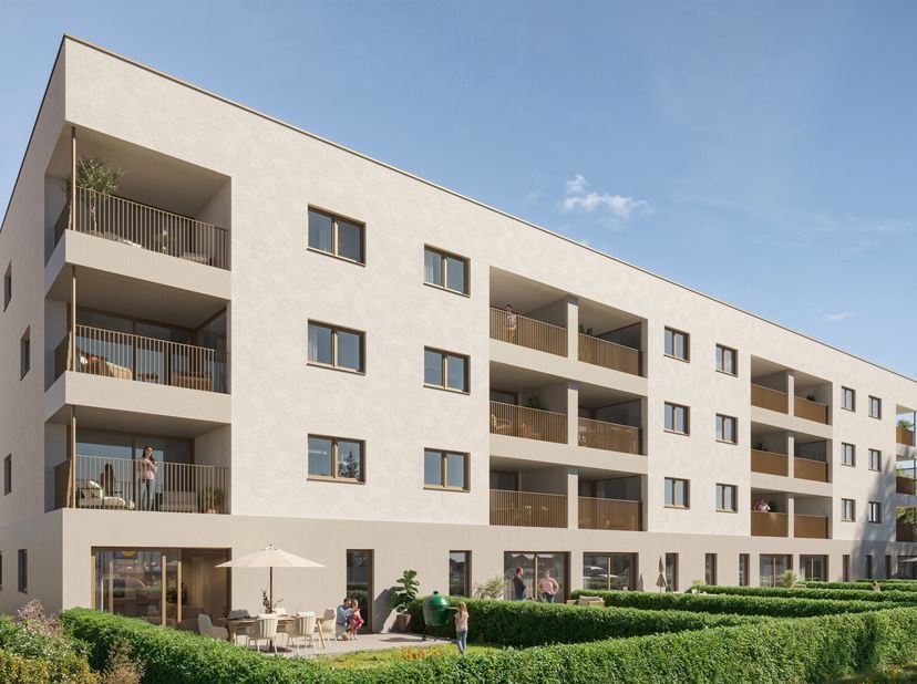 Dit gezellig nieuwbouwappartement bevindt zich op de eerste verdieping en voorziet in een lichtrijke living met open, volledig geïnstalleerde keuken.
