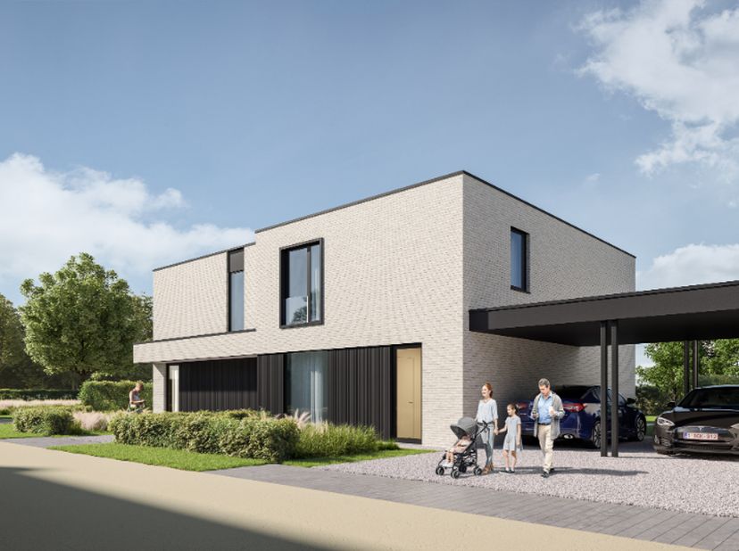 De grondoppervlakte van deze moderne, halfopen woning bedraagt 297 m². Deze woning is energieneutraal door het maximaal gebruik van hernieuwbare energ