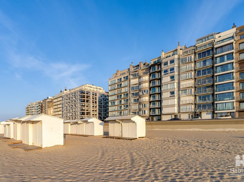 Op de 4de verdieping van een gerenoveerde zeedijk-residentie, treft u dit deels vernieuwd appartement met breed frontaal zeezicht. Indeling: bijzonder