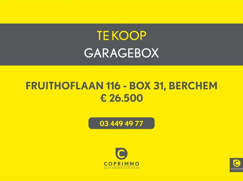 Garage box dans la Fruithoflaan !&lt;br /&gt;
Ce box spacieux a les dimensions suivantes : 5,97 m de profondeur x 3,01 m de largeur x 2,16 m de hauteur. Le