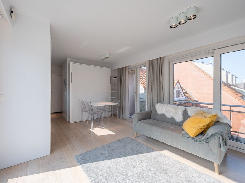 Prachtig gerenoveerde penthouse met uniek ruim terras, op wandelafstand van het strand.&lt;br /&gt;
INDELING: inkom met vestiaire, woonkamer met ingemaakte
