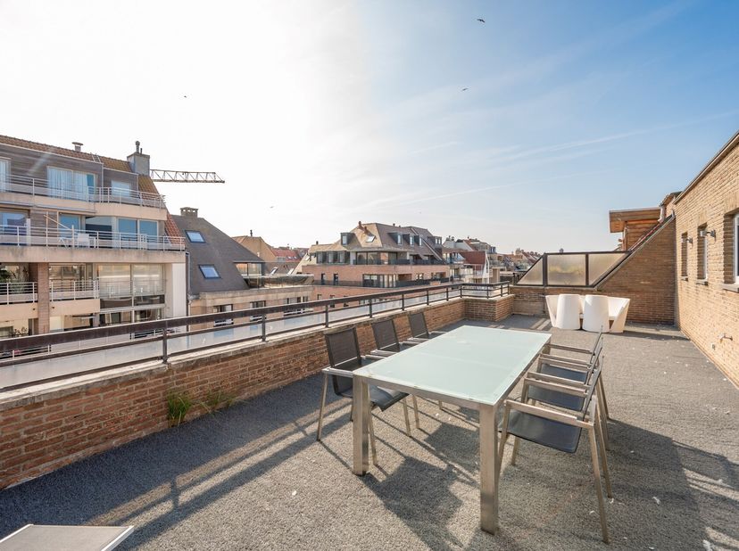 Prachtig gerenoveerde penthouse met uniek ruim terras, op wandelafstand van het strand.&lt;br /&gt;
INDELING: inkom met vestiaire, woonkamer met ingemaakte