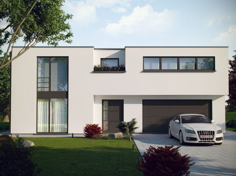 Deze hedendaagse nieuwbouwwoning kan gebouwd worden met een gevelbreedte van 15 meter (schets = 13,50 meter) maximum. Niettemin heeft deze een volledi