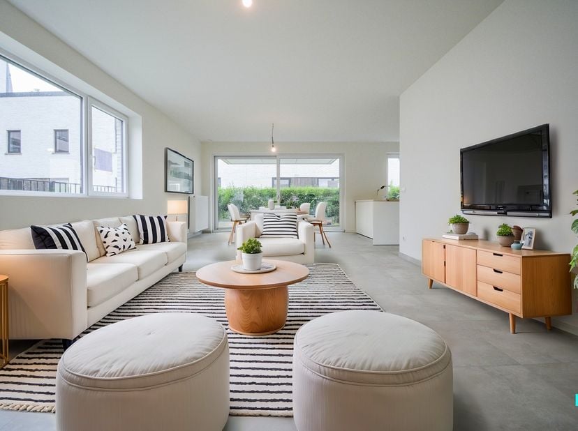 Dit gelijkvloers nieuwbouw appartement met twee slaapkamers beschikt over een bewoonbare oppervlakte van 107 m² en is gelegen op de gelijkvloerse verd
