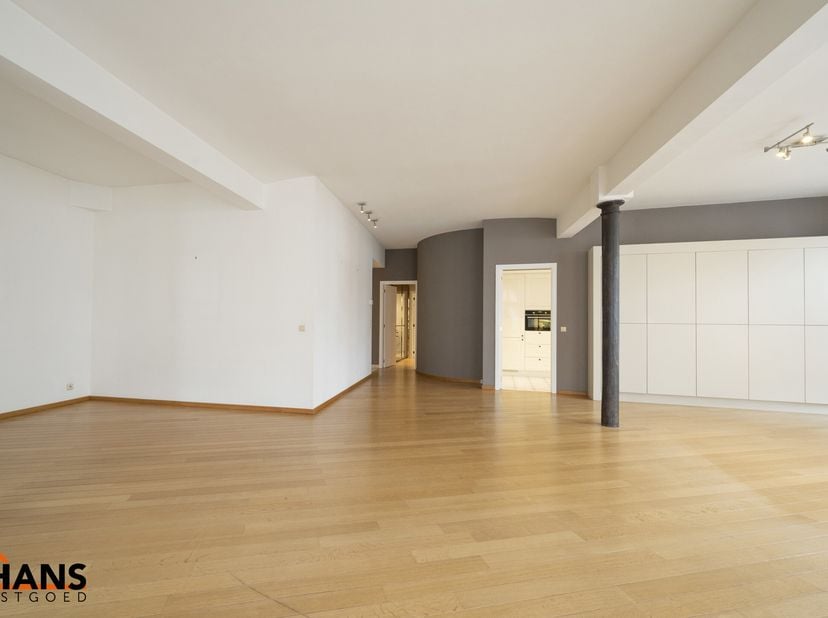 Inkomhal met vestiairekast; apart toilet met wastafel; riante, lichtrijke woonkamer van 80m² op een houten vloer met ingemaakte kasten; ruime keuken,
