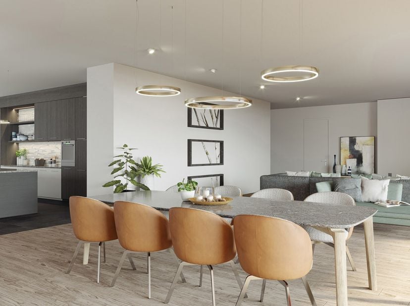 Appartement 3.03Luxueus nieuwbouwappartement (95m²)  met twee slaapkamers, terras en ondergrondse autostaanplaats en berging.INDELING:3de verdieping: