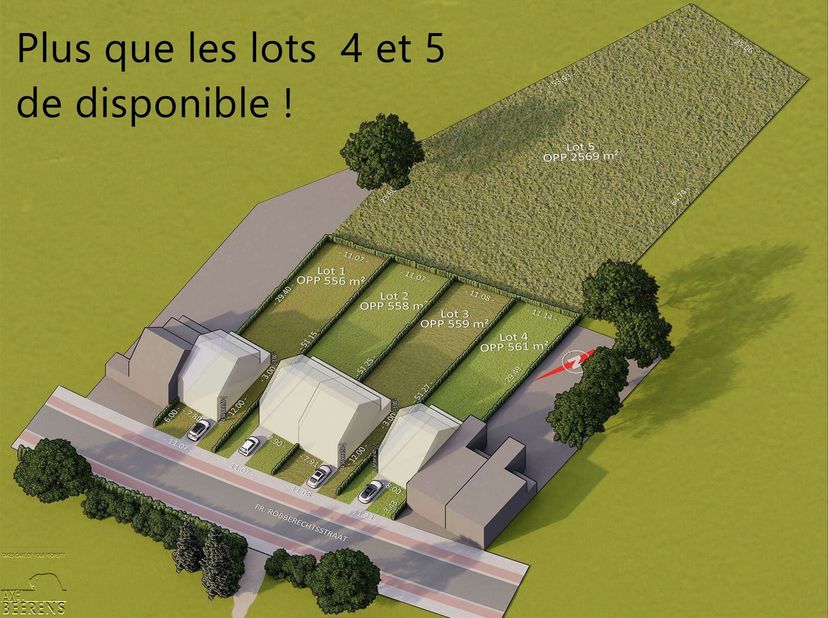 Wemmel, lotissement de 4 parcelles en terrain à bâtir  plus une en zone agricole pour maisons trois façades.  situé dans un environnement résidentiel
