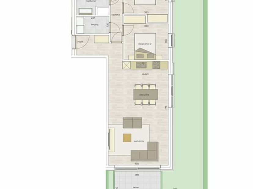 Ruime gelijkvloerse nieuwbouw appartement.&lt;br /&gt;
Indeling: woonkamer met open keuken, 2 slaapkamers, badkamer, berging, terras en tuin.&lt;br /&gt;
In de ke