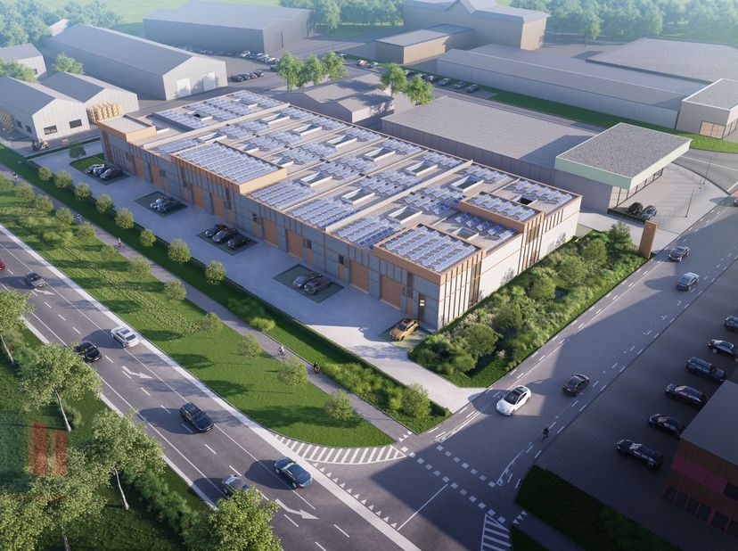 Nieuwbouw KMO-unit van 211 m² met 70 m² mezzanine/kantoor en 4 privatieve parkeerplaatsen te koop, de unit maakt deel uit van het gloednieuwe bedrijve