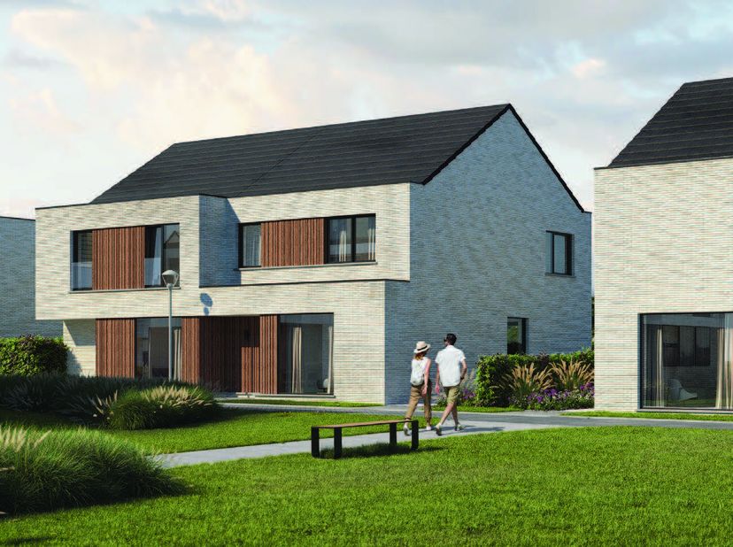 Ruime en energiezuinige halfopen nieuwbouwwoning op een zuidelijk georiënteerd perceel van 232m2. Op het gelijkvloers is een inkom met gastentoilet, e