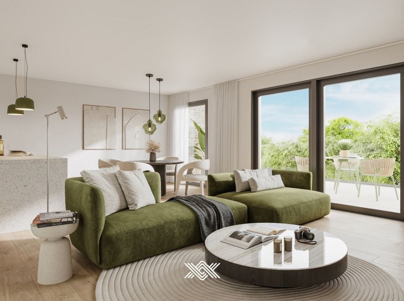 Dit gelijkvloers tweeslaapkamer appartement van 86,6 m² beschikt over een inkomhal, een afzonderlijk toilet, een praktische berging, een badkamer uitg
