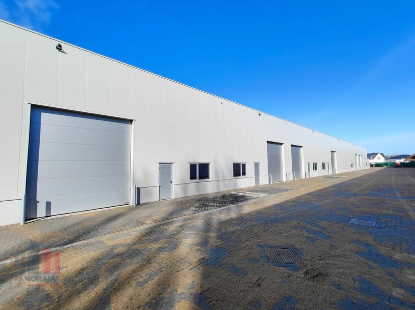 De casco loods van 220 m² heeft een vrije hoogte van 6 m en is opgebouwd uit een staalstructuur met betonplint in combinatie met geïsoleerde sandwichp