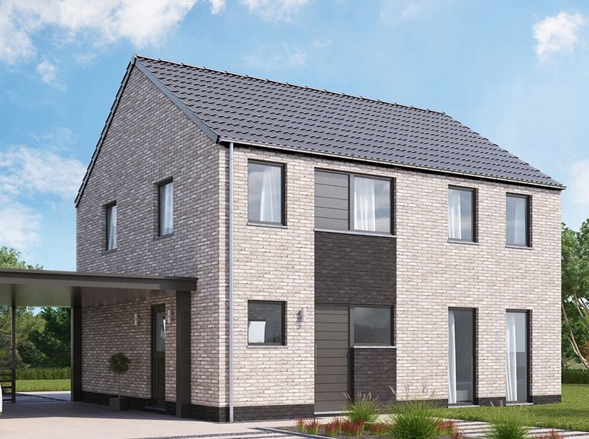 Ontdek dit project: een halfopen bebouwing met verfijnde architectuur en uitzonderlijke energieprestaties (EPB A), ontworpen door TEAM CONSTRUCT, een