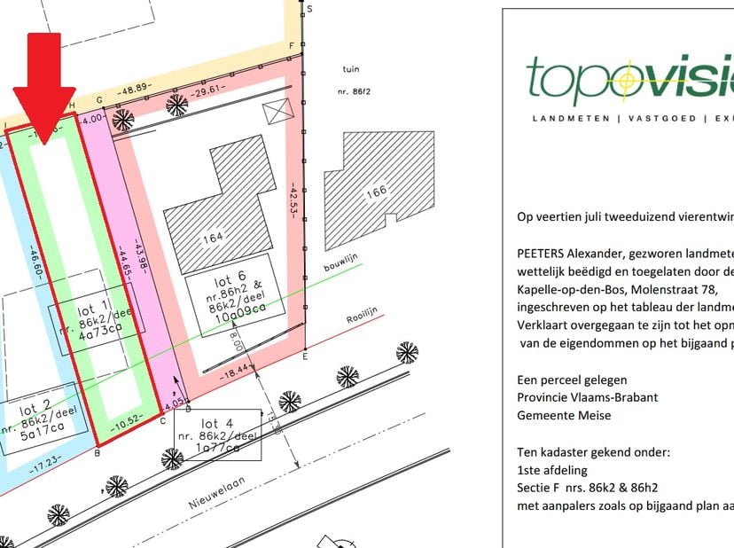 LOT 1 - Mooie bouwgrond voor een woning in half open bebouwing met een oppervlakte van 4a73ca.  De bouwgrond is ideaal gelegen tussen het dorp van Mei