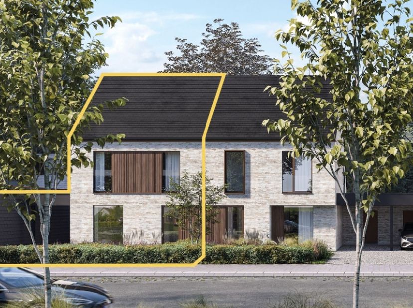 In de Vlasschaard in Heule (Kortrijk) realiseert Dumobil in het nieuwbouwproject Lijsternest deze moderne halfopen nieuwbouw (lot 15) met zadeldak. Je