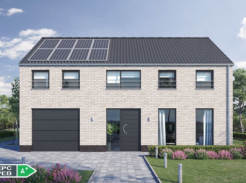 Projet de villa 4 façades PEB A+ Qzen à consommation d&#039;énergie quasi nulle 100% traditionnelle (triple vitrage, 13 panneaux solaires photovoltaïques,