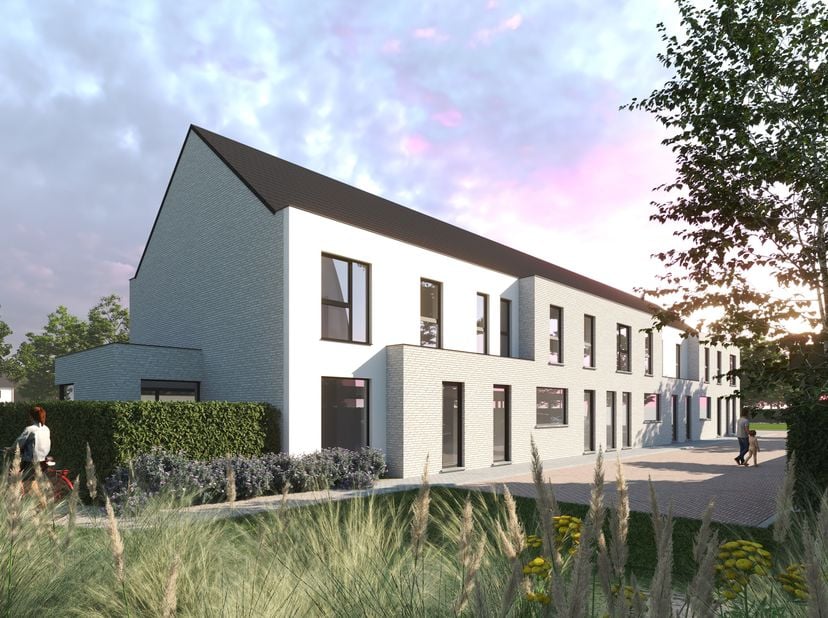 Een moderne halfopen nieuwbouwwoning met op het gelijkvloers een inkom, een ruime living en open keuken, een berging en een gastentoilet. Op de verdie