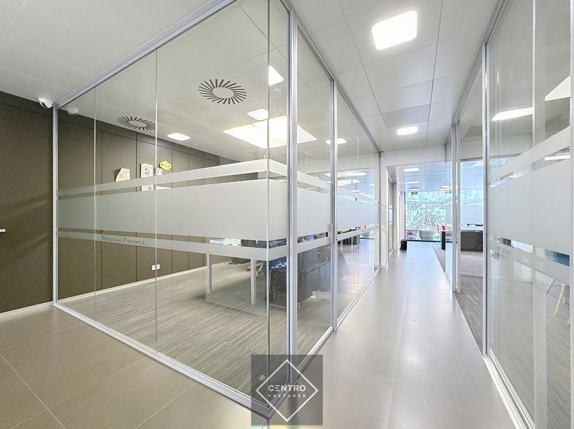 Gelijkvloers (± 200m²): Sas (automatische glazen deur) - inkomhal met receptie/balie en wachtruimte - 3/4 afzonderlijke burelen - vergaderzaal - techn