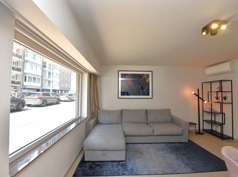 Dit gerenoveerde en volledig gemeubelde gelijkvloers appartement op de Paul Parmentierlaan biedt modern comfort met zijdelings zeezicht. Het beschikt