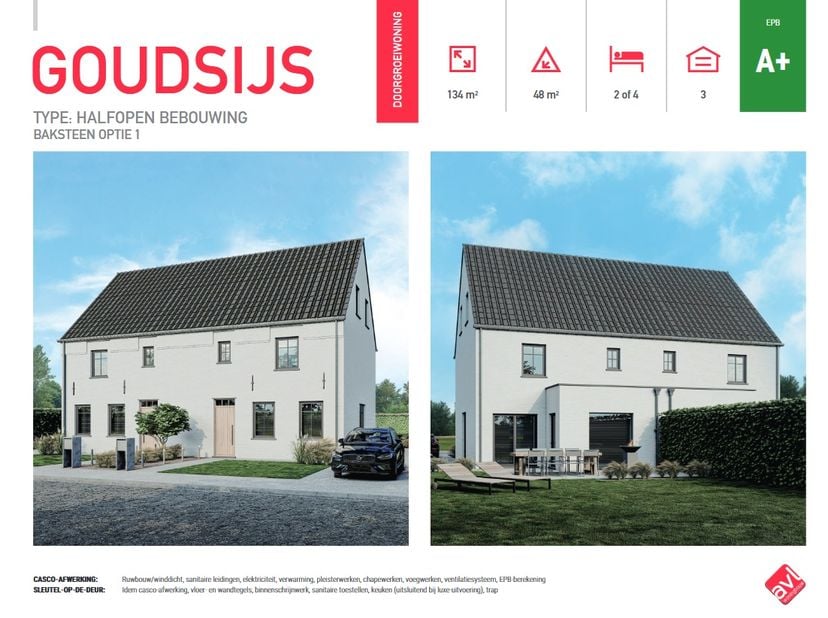 Nieuw te bouwen gezinswoning op lot 1, A+ label, peceel van 4a73ca.  Het perceel is ZUIDWEST gericht achteraan.  &lt;br /&gt;
&lt;br /&gt;
Dit is een voorbeeld va