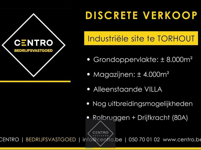 DISCRETE VERKOOP van een industriële site op toplocatie te Torhout&lt;br /&gt;
&lt;br /&gt;
SPECIFICATIES:&lt;br /&gt;
&lt;br /&gt;
	-Constructie: Betonnen constructie met ov