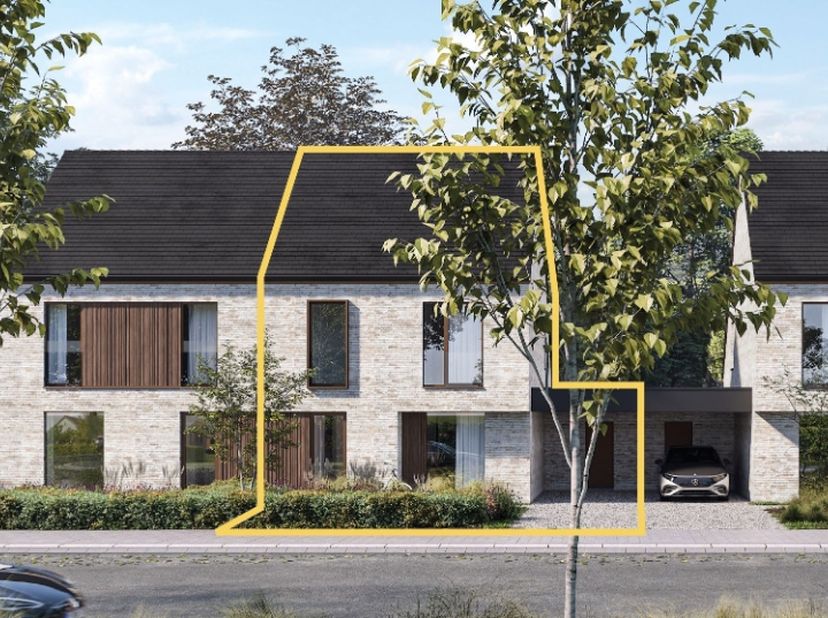 In de Vlasschaard in Heule (Kortrijk) realiseert Dumobil in het nieuwbouwproject Lijsternest deze moderne halfopen nieuwbouw (lot 14) met zadeldak. Je