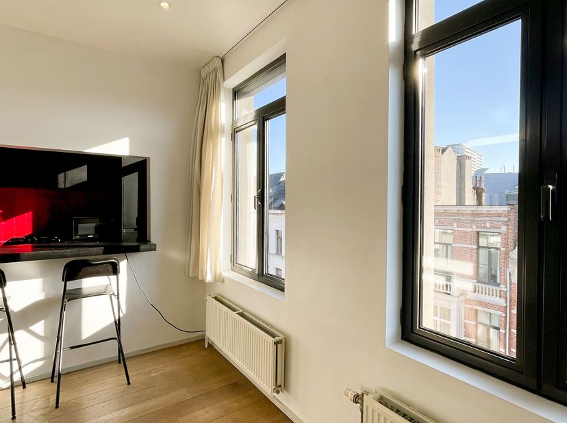 Deze duplex van ca 53 m² bevindt zich op de derde en bovenste verdieping van een kleinschalige residentie aan het bruisende Zuid in Antwerpen. Het pan
