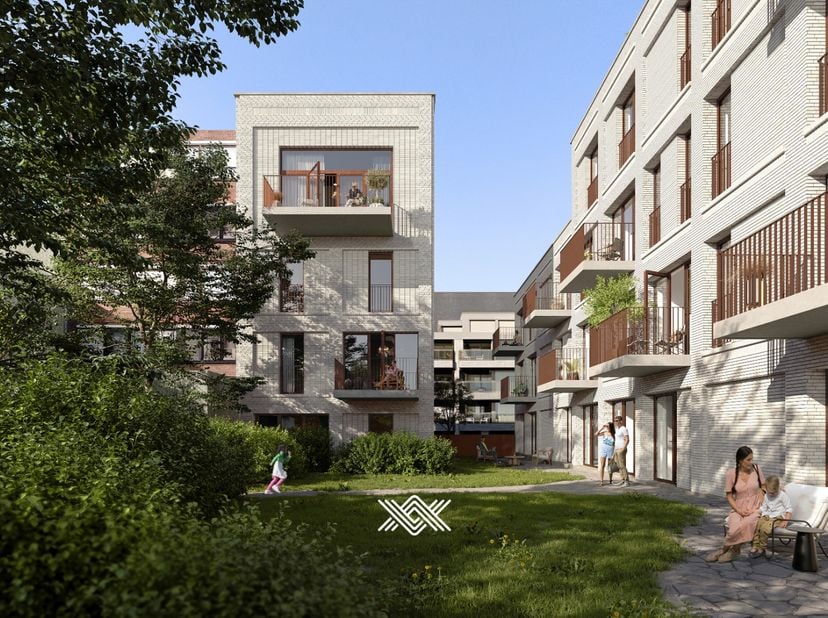 Dit tweeslaapkamer appartement van 87,6 m² beschikt over een inkomhal met toegang tot de lichtrijke eet- en leefruimte, een open keuken en praktische