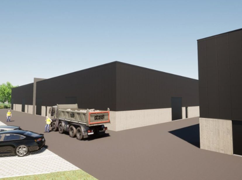 Te huur in Buggenhout: nieuwbouw KMO-unit vanaf 160 m², 6m vrije hoogte en polybetonvloer. Voorzieningen omvatten een sectionaalpoort, parkeerplaatsen