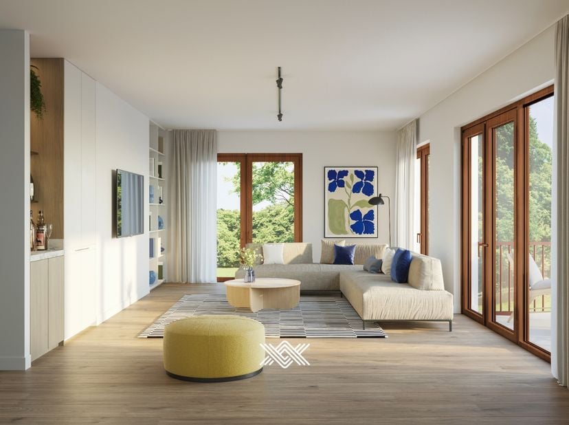 Dit tweeslaapkamer appartement van 91,40 m² beschikt over een inkomhal met toegang tot de lichtrijke eet- en leefruimte, een open keuken en praktische