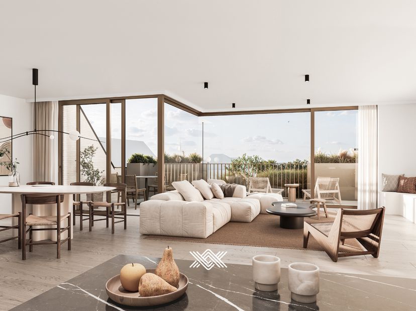 Dit tweeslaapkamer appartement met een oppervlakte van 108 m² is gelegen op het eerste verdiep van het gebouw Vespera, aan de kant van Sint-Gerolflaan
