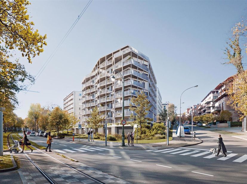 Een nieuw project, nu omgeven door groen, tegenover het Hertoginnepark . Dit gebouw of 48 appartementen,  op de Vorstlaan krijgt een uitzonderlijke ve
