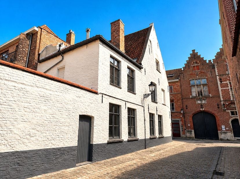 Dans le charmant quartier de Sainte-Anne, dans un cadre paisible à proximité du centre historique de Bruges, se trouve cette maison d'angle étonnammen