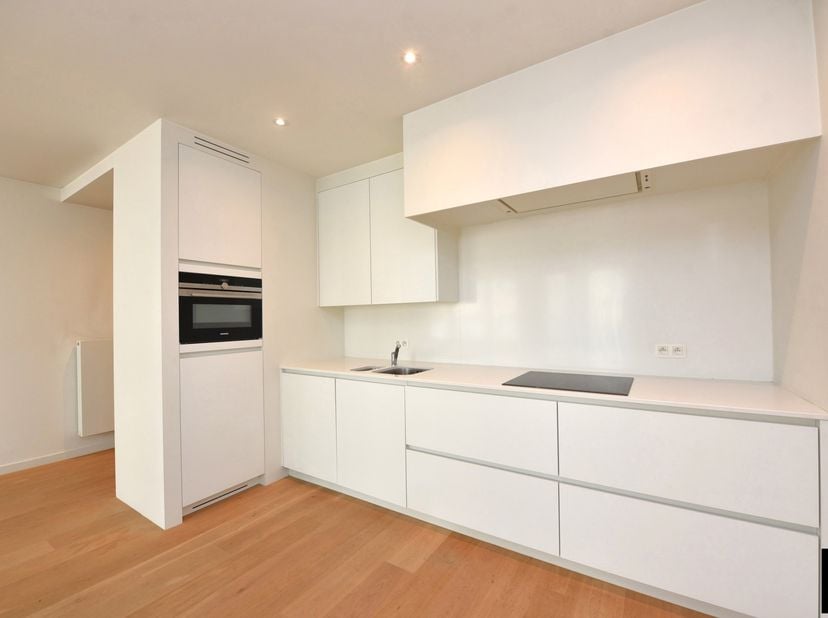 Mooi ongemeubeld 1-slaapkamerappartement in een recent gebouw vlakbij het Rubensplein.<br />
Inkom met ruime leefruimte en open keuken uitgevend op he