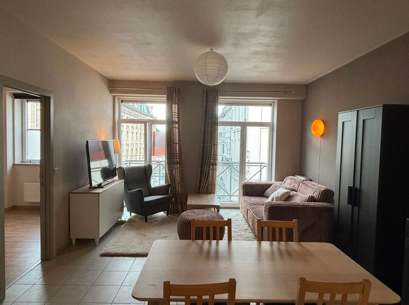 Appartement calme et central : entrée, séjour avec cuisine ouverte équipée, chambre, salle de bains, toilettes et débarras.  Local à vélos commun. Lib