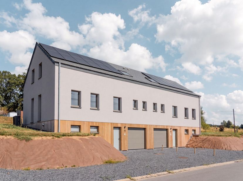 Op enkele minuten van Bastogne, in het hart van Saint-Ode, verenigt dit recente vastgoedcomplex twee geschakelde huizen met elk ongeveer 180 m² woonop