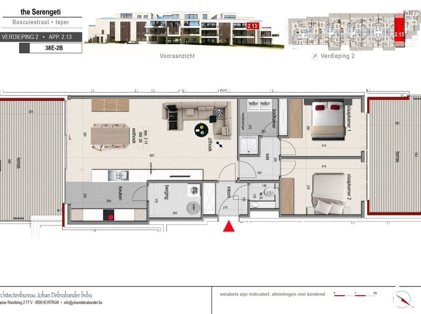 Dit appartement op de tweede verdieping biedt 90,27m² bewoonbare oppervlakte en twee terrassen van 16m² en 18,85m². Daarnaast kan er nog een garage of