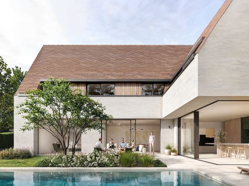 In het Zoute, op een boogscheut van de iconische Royal Zoute Golf Club, bevindt zich deze uitzonderlijke nieuwbouwwoning in de groene en rustige omgev