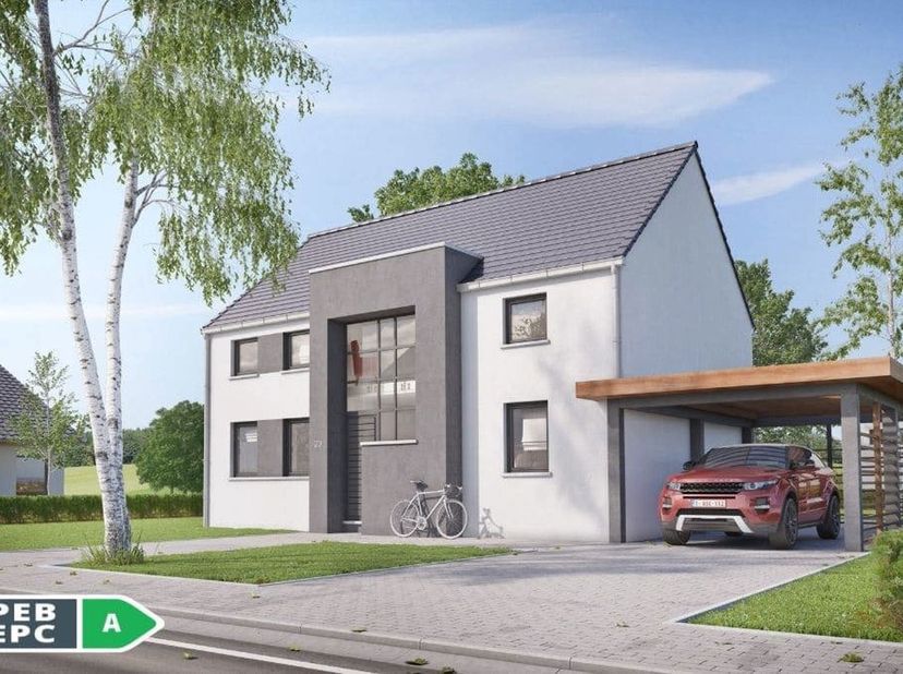 Deze hedendaagse twee gevel nieuwbouwwoning kan u gerealiseerd worden volgens meest energiezuinige norm, dankzij warmtepomp met vloerverwarming. Venti