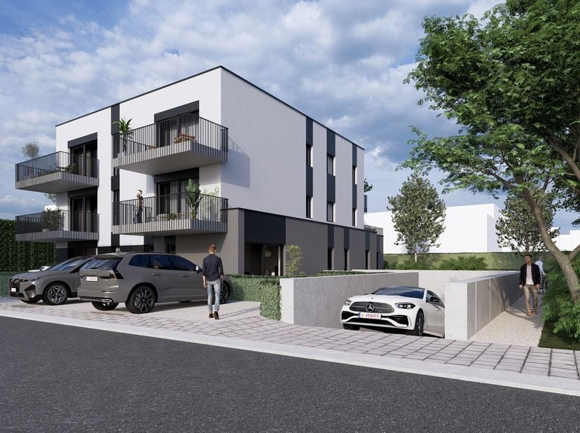 Nieuwbouwproject van 9 appartementen:: Dit appartement is gelegen op de benedenverdieping met gemeenschappelijke inkomhal. Ingedeeld met 2 slaapkamers