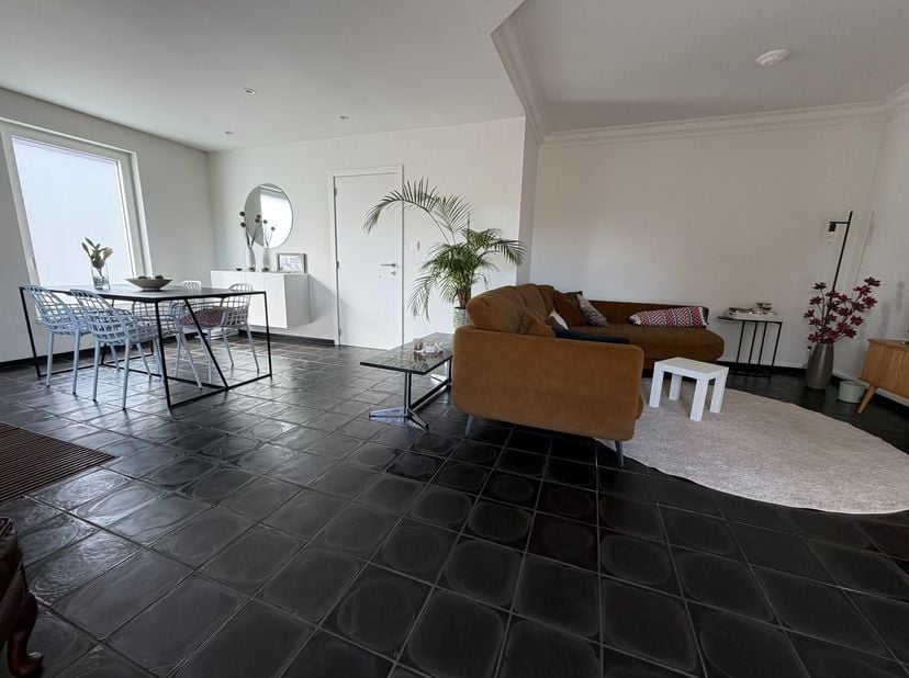 Indeling gelijkvloers: inkomhal met vestiaire en gastentoilet, lichtrijke woonkamer dankzij de grote raampartijen met directe toegang tot het ruime te